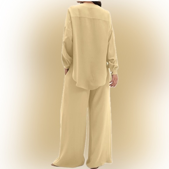 🆕 NWT - DEEP SELF 2 Pc Casual Slit Hem Button Shirt Wide Leg Pant Loungewear S - Picture 2 of 5